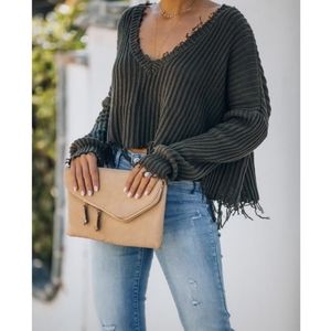 NWOT Skylar + Madison Cropped Fringe Knit Sweater Grey - M